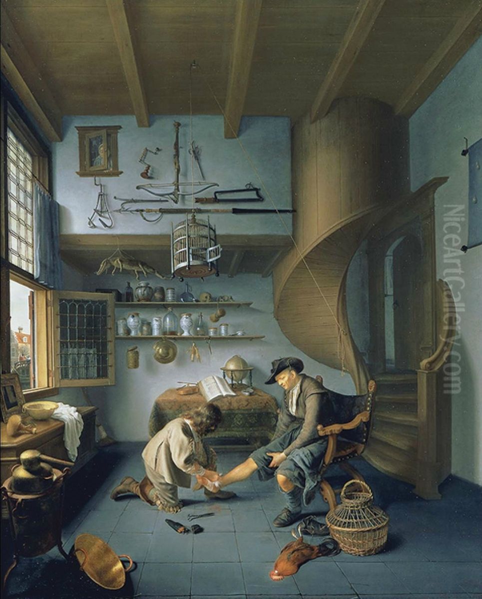 Barber-Surgeon tending a Peasant's Foot Oil Painting by Isaac Koedijck