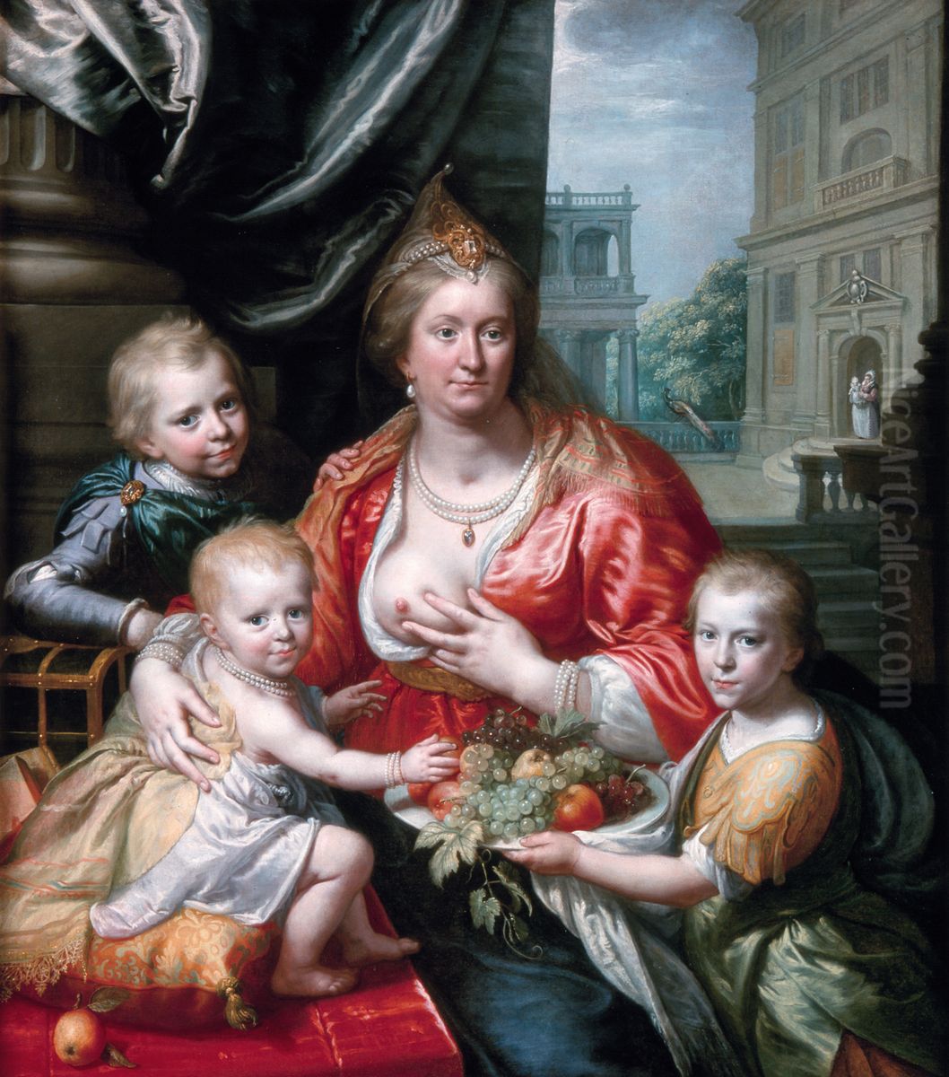 Sophie Hedwig, gravin van Nassau-Dietz, hertogin van Brunswijk-Wolfenbuttel enhaar zonen, voorgesteld als Caritas Oil Painting by Paulus Moreelse