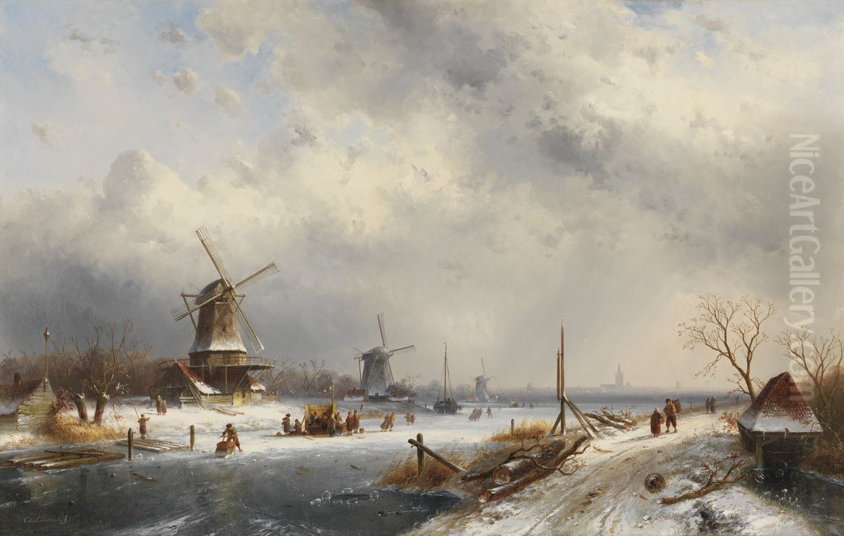 Winterlandschap met drie molens Oil Painting by Charles Henri Leickert