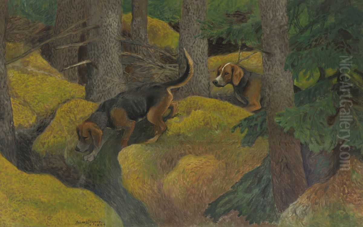 Landschap met jachthonden (Vos achtervolgd door brakken) Oil Painting by Bruno Andreas Liljefors