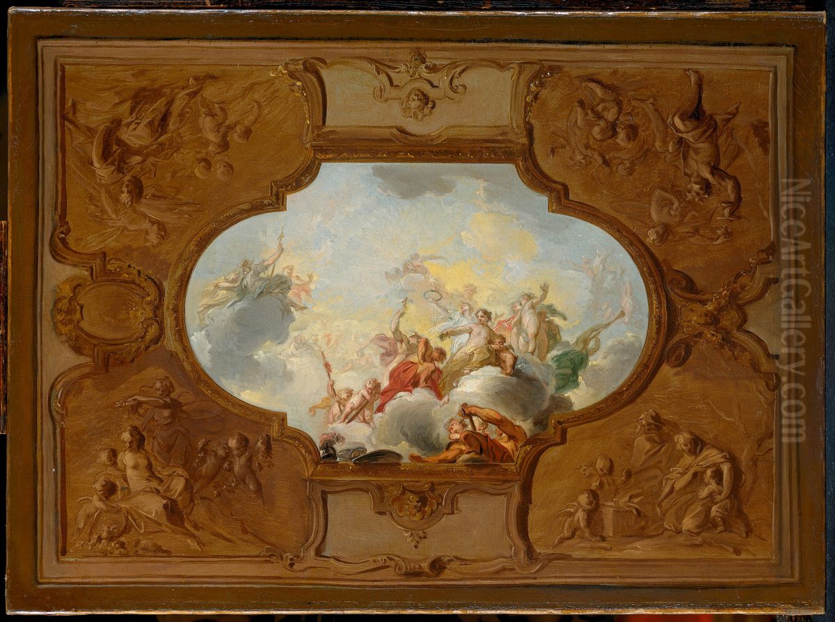 Ontwerp voor een plafondstuk met de apotheose van Aeneas. In de hoeken de vier jaargetijden in brunaille Oil Painting by Jacob de Wit