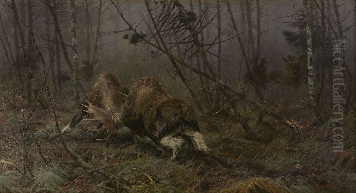 Twee vechtende elandstieren, op de achtergrond de koeien Oil Painting by Richard Friese