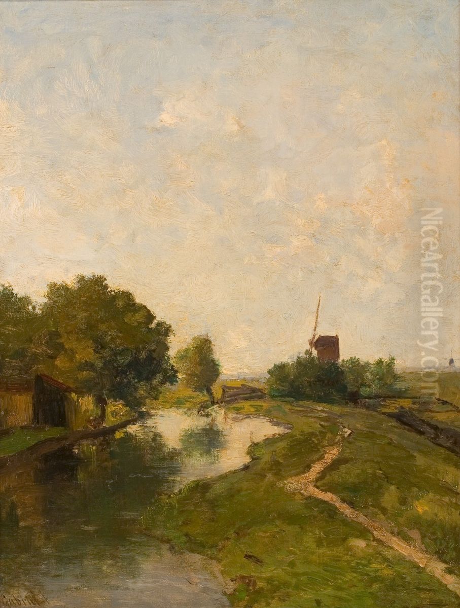 Polderlandschap (Watermolen aan een vaart bij Leiden) Oil Painting by Paul Joseph Constantine Gabriel