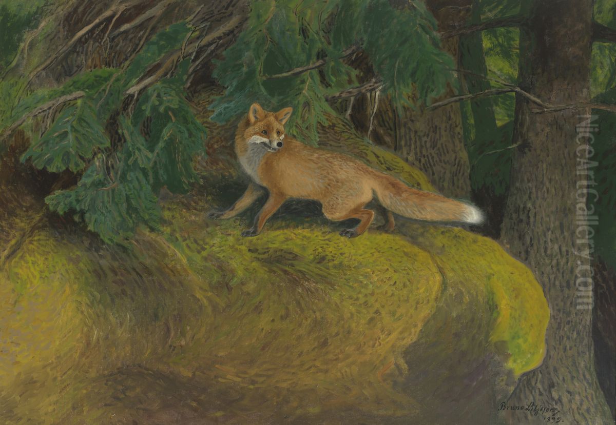 Landschap met vos (Vos achtervolgd door brakken) Oil Painting by Bruno Andreas Liljefors