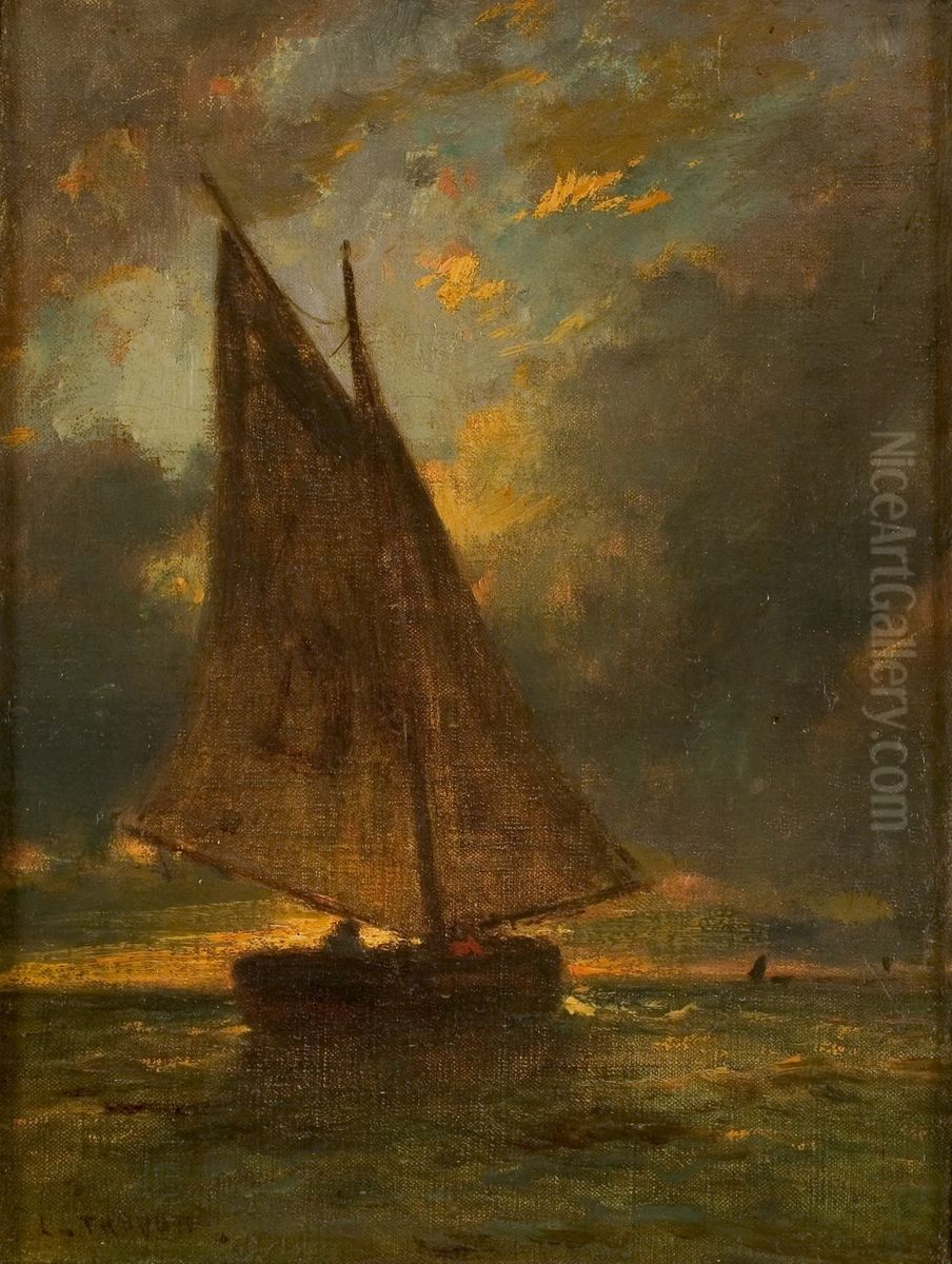 Vissersboot op zee (zeegezicht bij Honfleur) Oil Painting by Constant Troyon