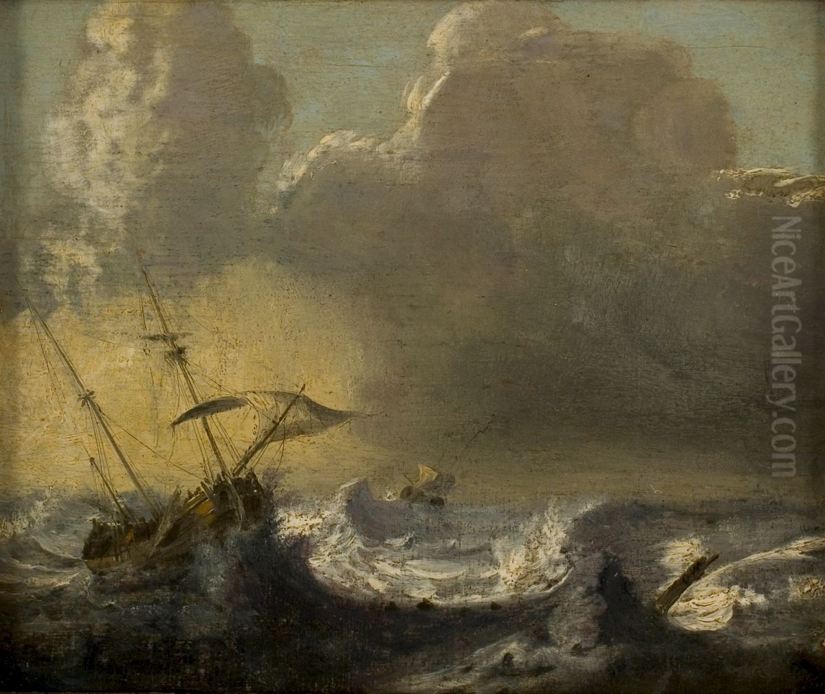 Schepen op zee bij storm Oil Painting by Claes Claesz. Wou