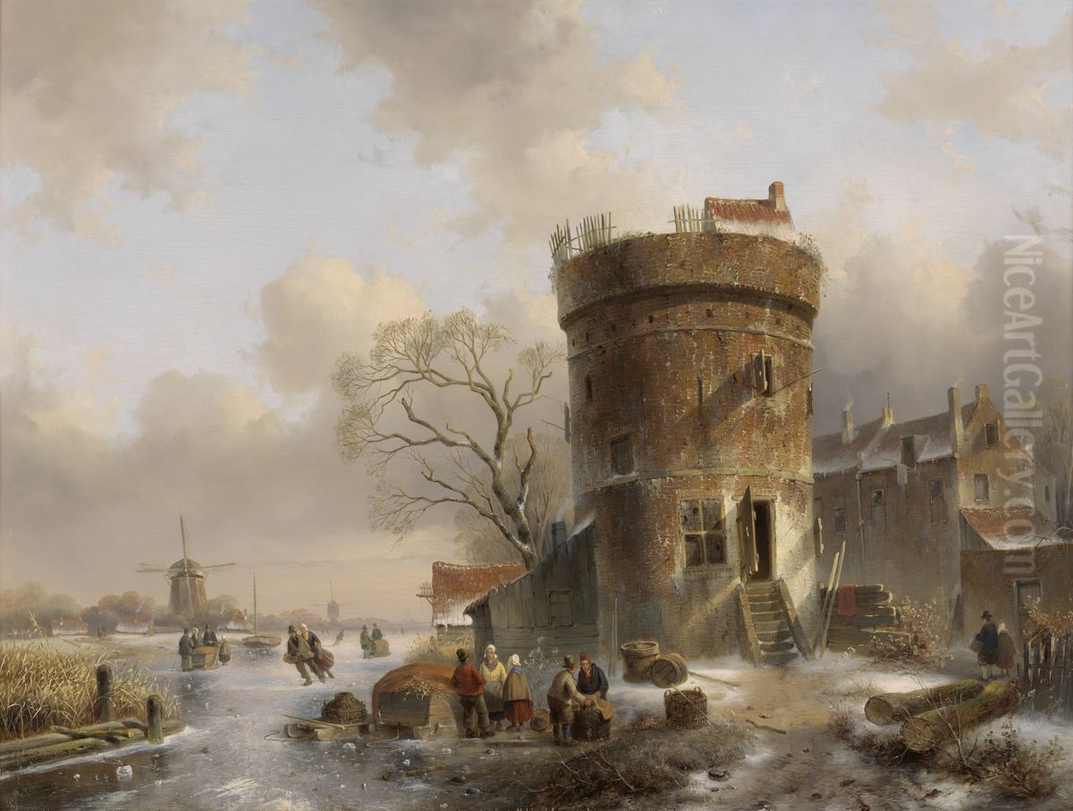 Winterlandschap met figuren op een bevroren rivier bij een toren Oil Painting by Charles Henri Leickert