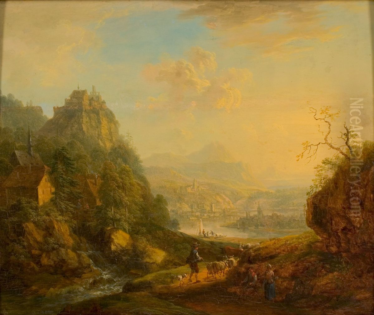 Landschap met rivier en bergen Oil Painting by Christian Georg Schutz