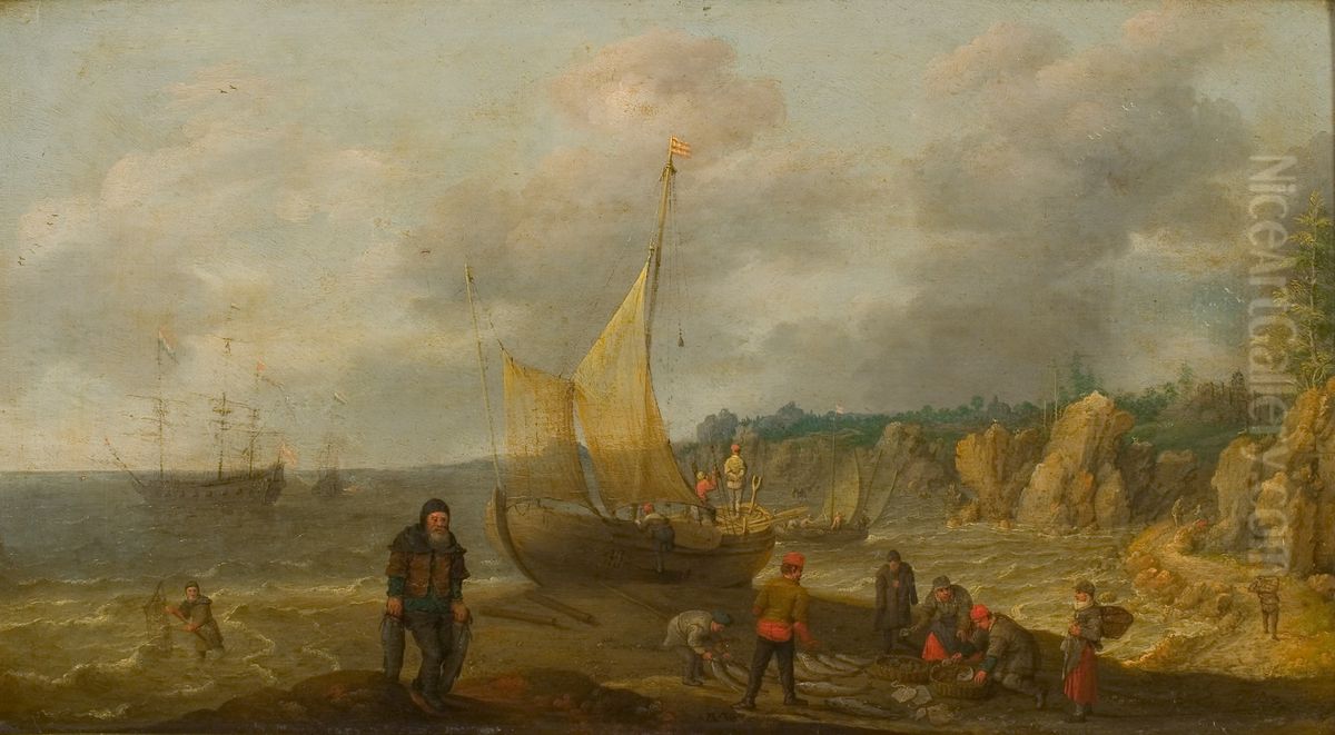 Zeegezicht met rotsachtige kust, vissers en schepen Oil Painting by Adam Willaerts