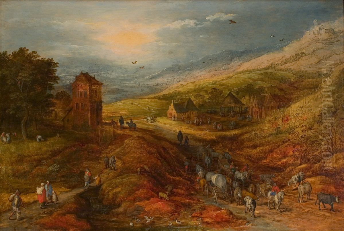 Gezicht op een rivierdal met figuren Oil Painting by Jan Brughel