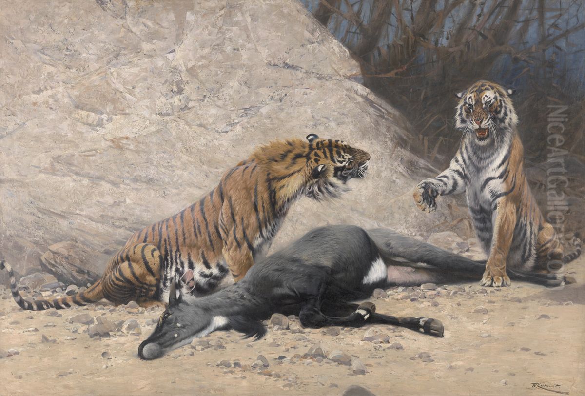 Koningstijgers met geslagen Nijlgau-antilope Oil Painting by Wilhelm Kuhnert
