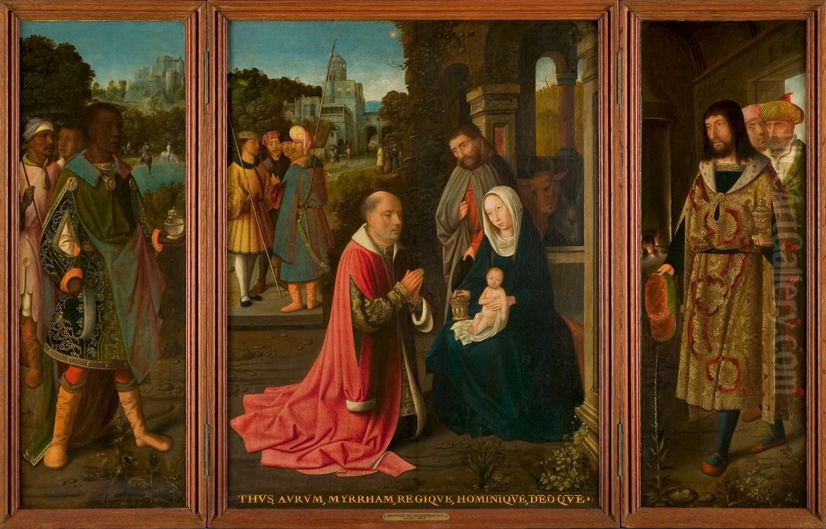 Drieluik met de aanbidding door de drie koningen met op de gesloten luiken de Annunciatie Oil Painting by Master of Hoogstraeten