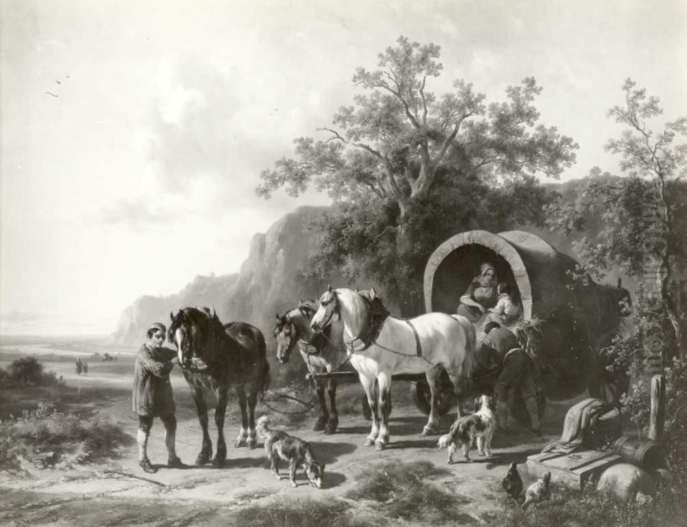 Landschap met een kleedwagen met drie paarden Oil Painting by Wouterus Verschuur