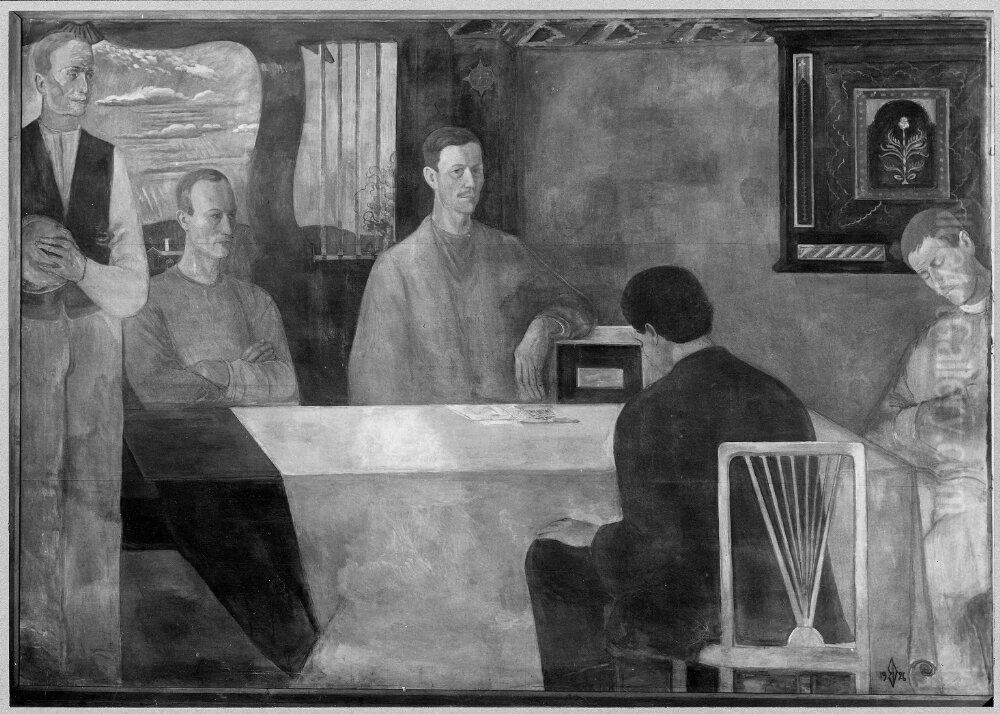 Local folklore society in Karsjo, 5 people Oil Painting by Bertil Damm