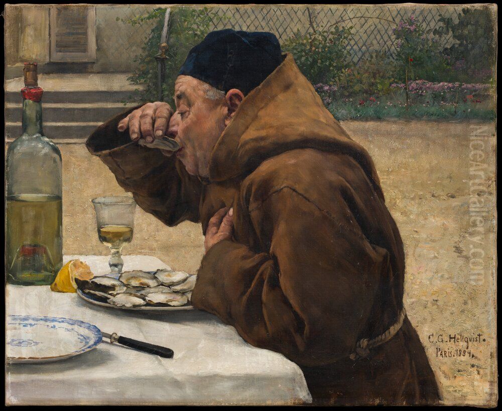 Monk having Oysters Monk having Oysters Oil Painting by Carl Gustaf Hellqvist