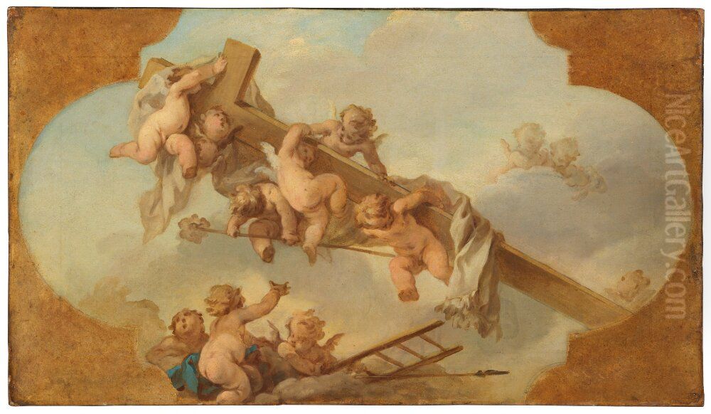 Anglar med Kristi kors. Skiss  till del av takmalning i Slottskapellet, Stockholm Oil Painting by Guillaume Taraval