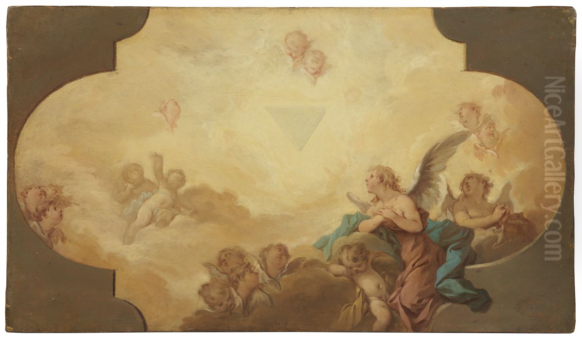 Angels Looking up at the Eye of God. Study Oil Painting by Guillaume Taraval