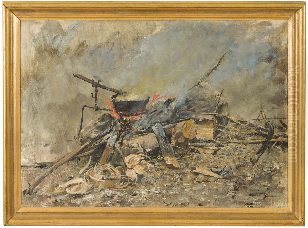 Eld med kittel. Studie till Sancta Simplicitas. Oil Painting by Carl Gustaf Hellqvist