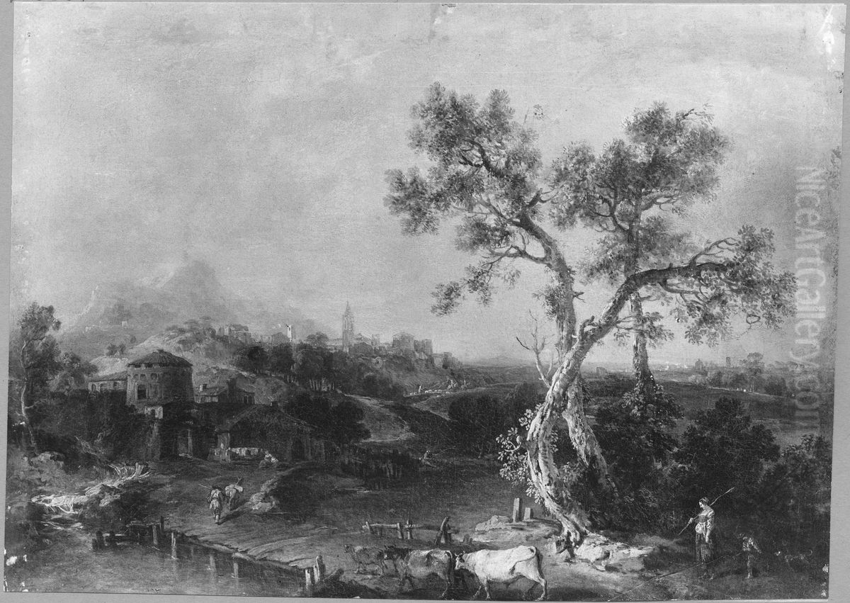 Landskap med trabro och boskap Oil Painting by Francesco Zuccarelli