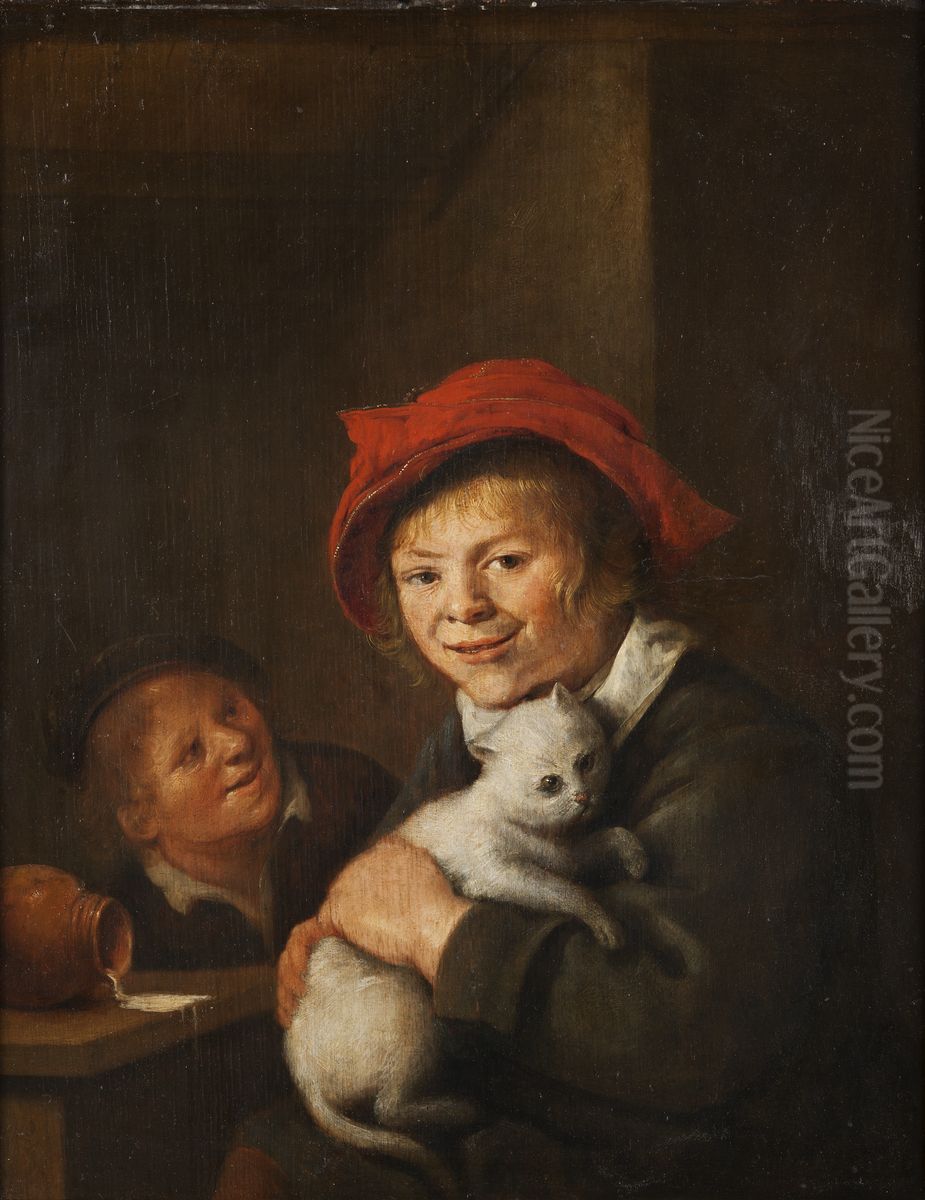 Tva pojkar som leker med en katt Oil Painting by Jan Miense Molenaer