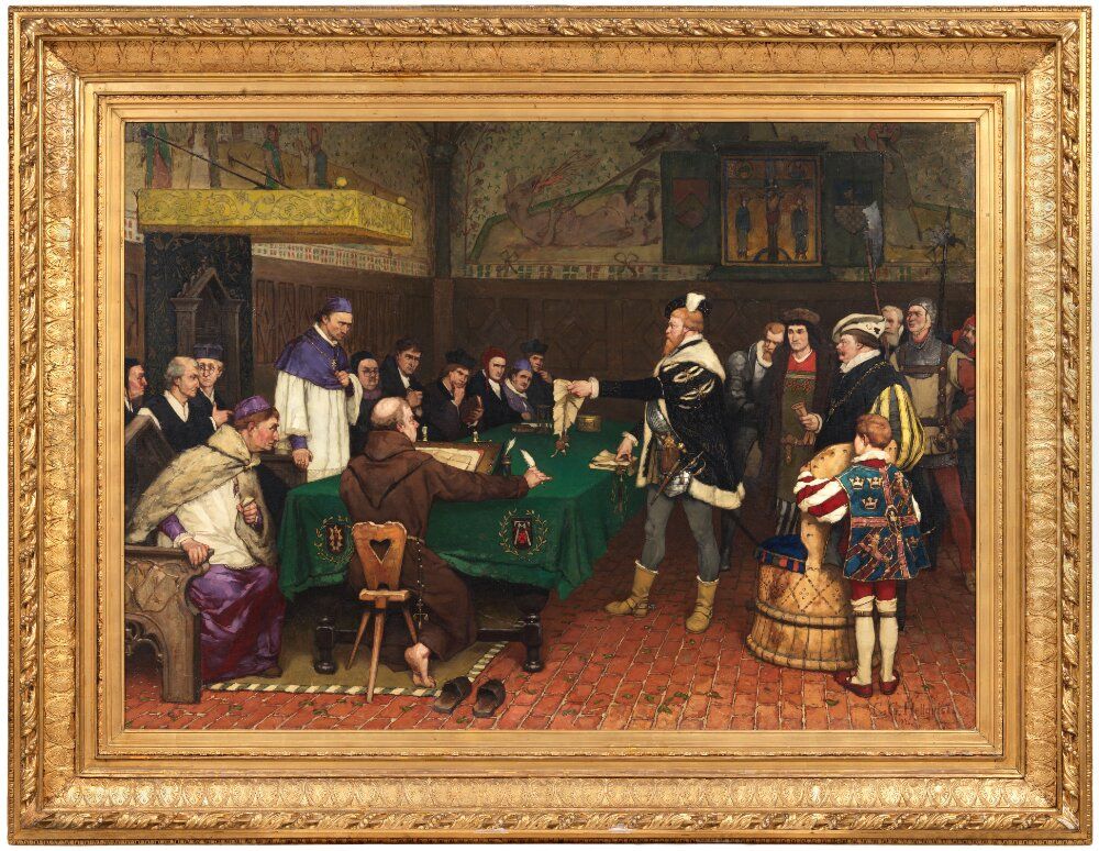 Gustaf Vasa anklagar Peder Sunnanvader och Master Knut infor domkapitlet i Vasteras Oil Painting by Carl Gustaf Hellqvist