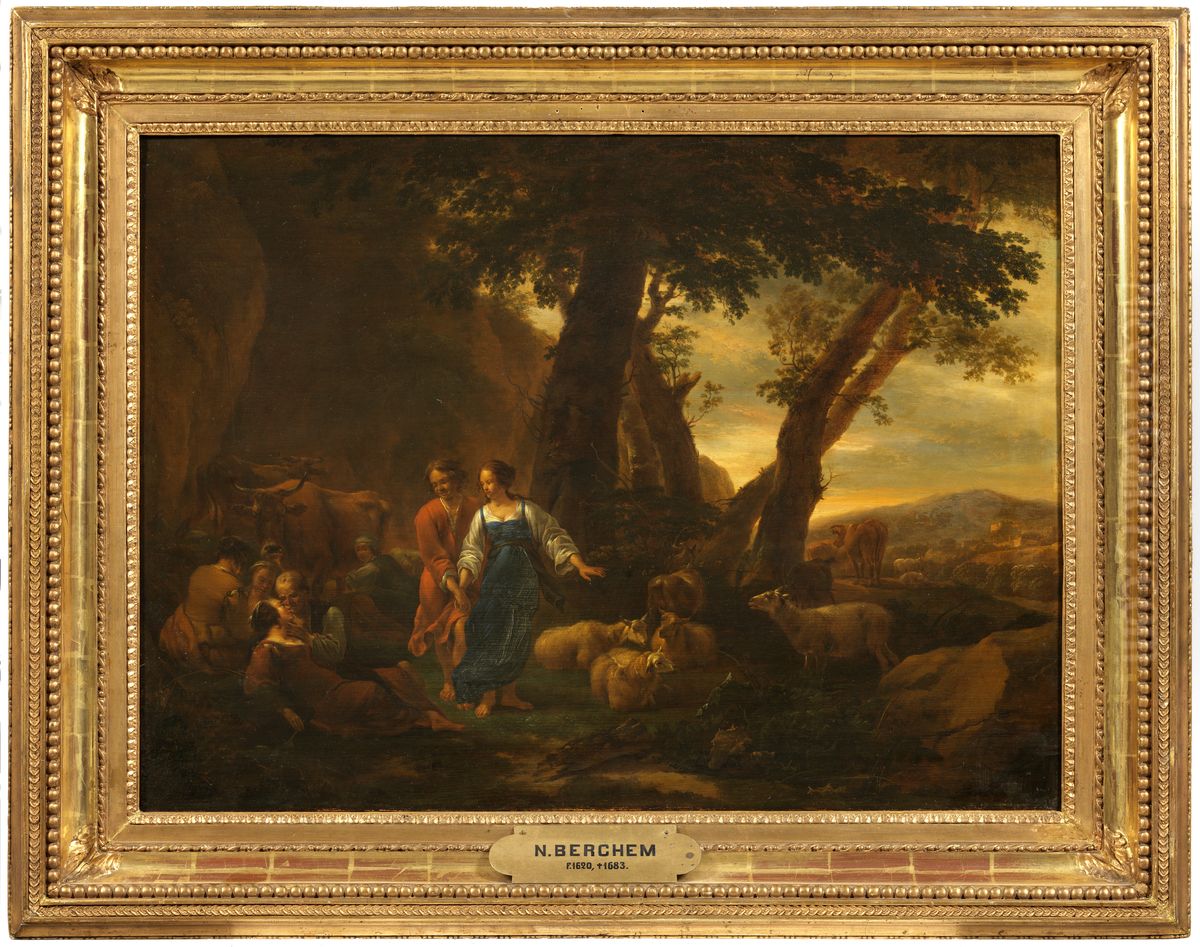 Landscape with Peasants and Cattle Oil Painting by Nicolaes Pieterszoon Berchem