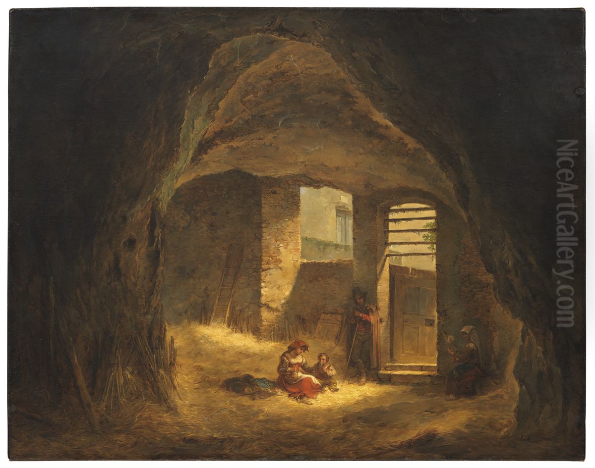 Italienskt bondfolk i valvbyggnad (Antik grotta i Tarpeijiska klippan) Oil Painting by Aleksander Laureus