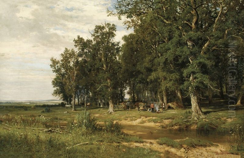 On Mowing in an Oak Grove Oil Painting by Ivan Shishkin