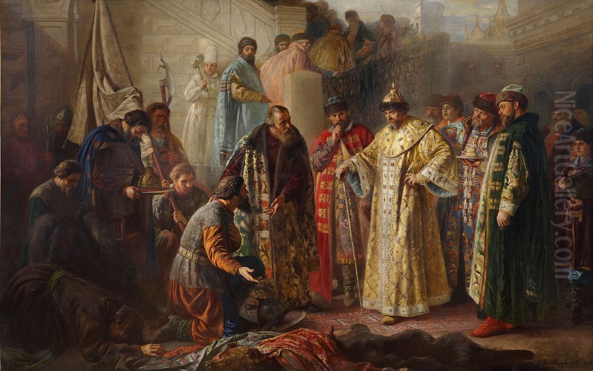 Messengers from Ermak at the red porch in front of Ivan the Terrible Oil Painting by Stanislaw Jakub Rostworowski