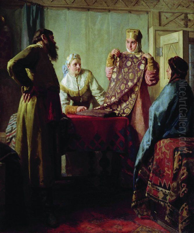 <<Bytovaa scena XVII veka (?Kupec i tovar)>> Oil Painting by Nikolai Nevrev