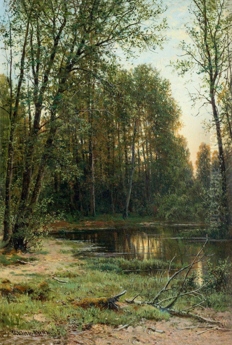 River backwater in the forest Oil Painting by Ivan Shishkin