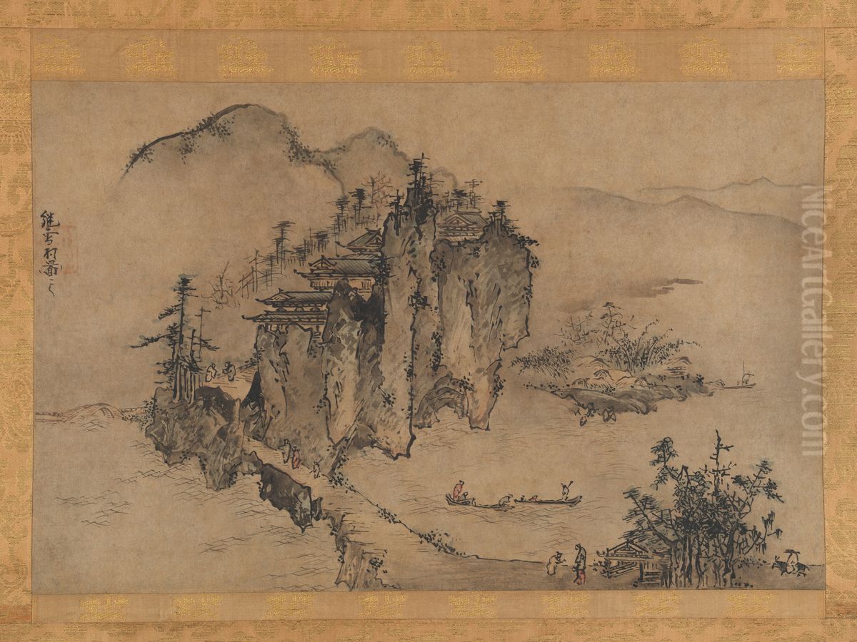 Landscape with Rocky Precipice Oil Painting by Sesson Shukei
