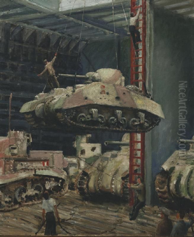 Damaged Tanks being Lowered into the Hold of a Merchant Ship Oil Painting by Bernard Hailstone