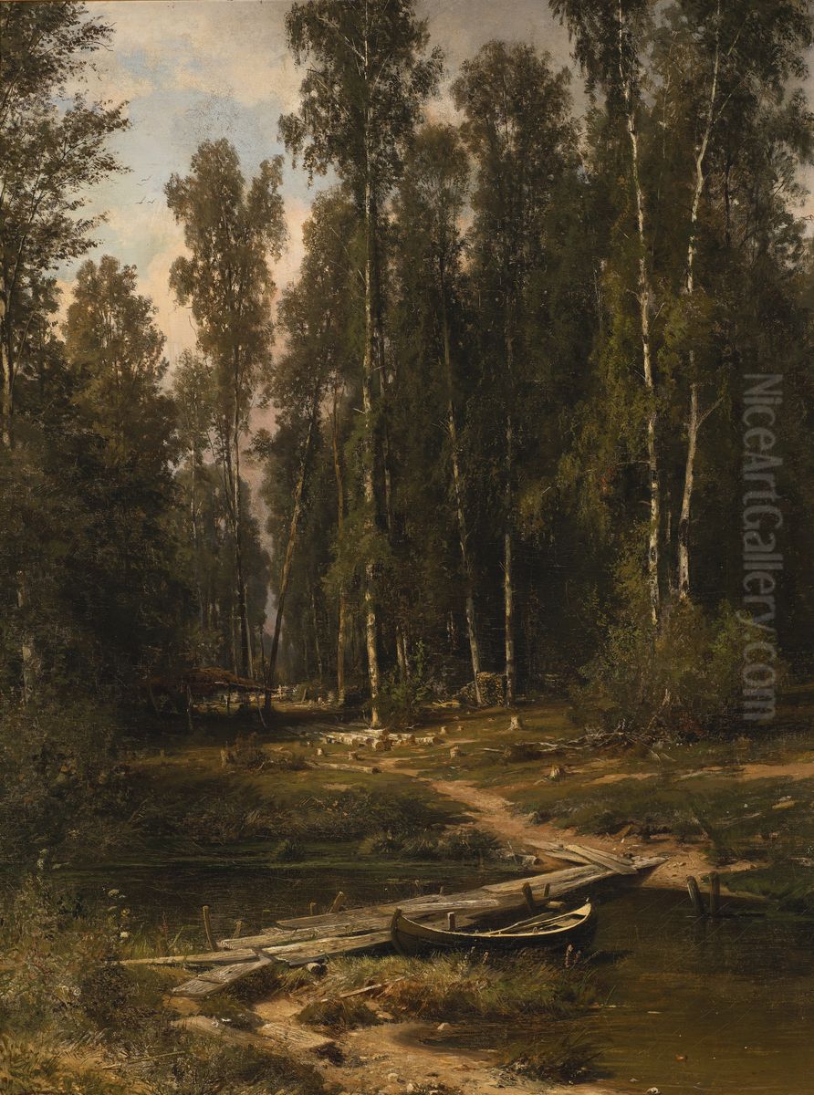 At the Edge of a Birch Grove (Bridge to a Lumbering Site) Oil Painting by Ivan Shishkin