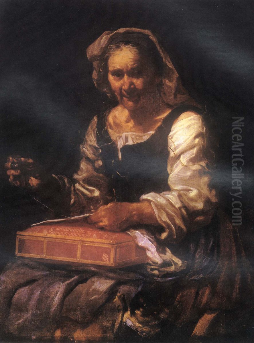 Old woman with needlework Oil Painting by Bernhard Keil, Monsu Bernardo