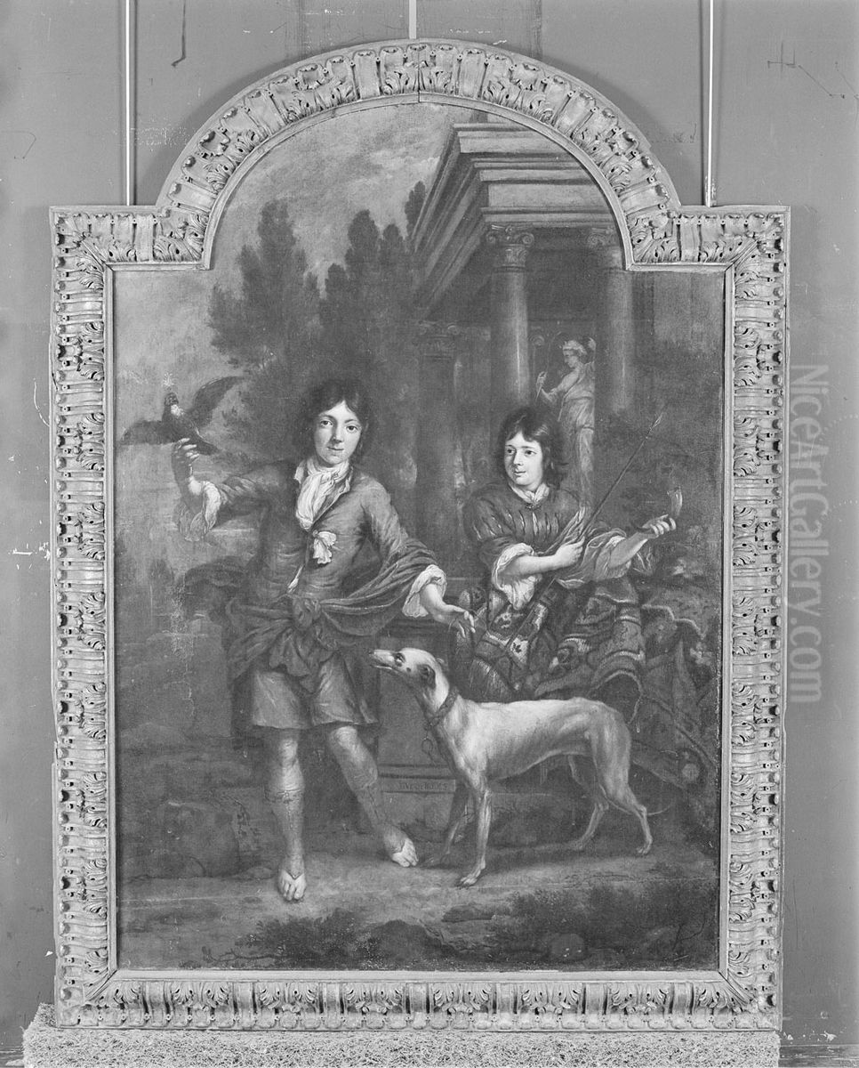 Schoorsteenstuk voorstellende twee jongens, jachthond en valk Oil Painting by Johannes Voorhout