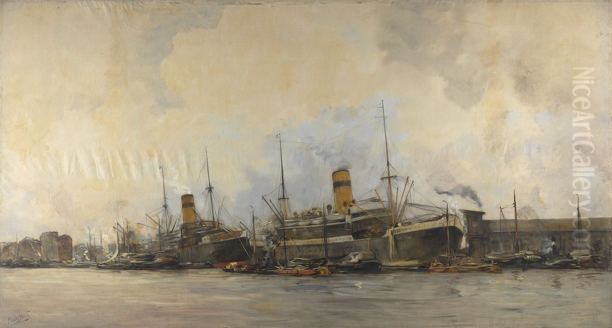 Gezicht op de Panamakade naar het westen, met schepen van de Hollandsche Lloyd-Havengezicht van Amsterdam Oil Painting by Hobbe Smith