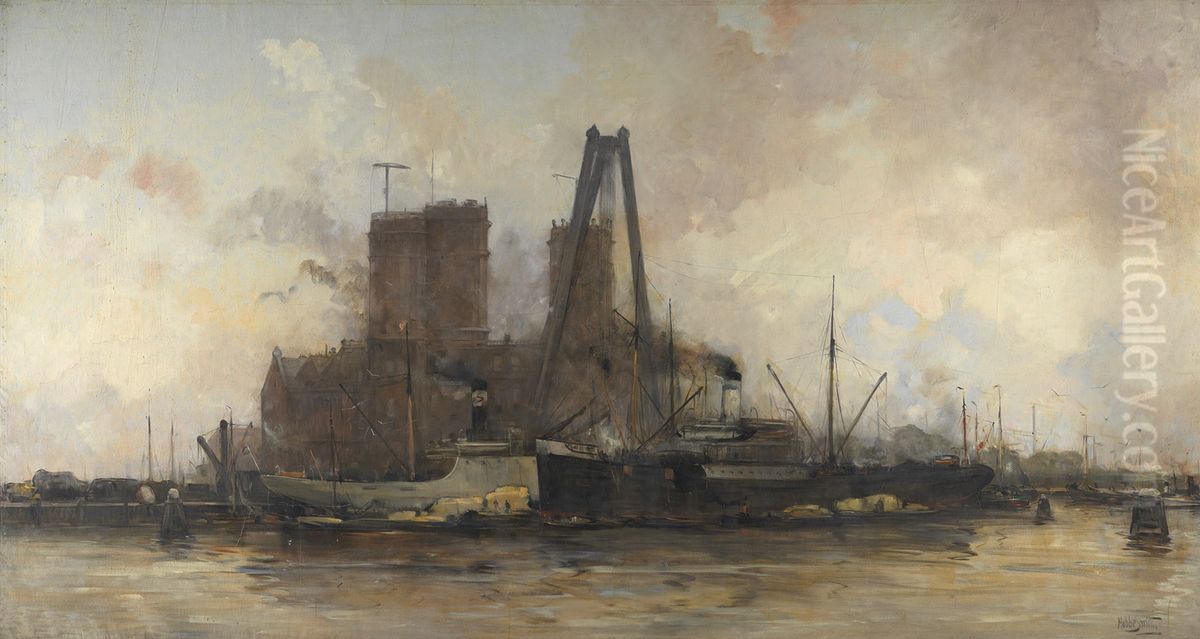 Gezicht op de kop van de Oostelijke Handelskade naar het oosten, met het gebouw van het Koninklijk Nederlandsch Meteorologisch Instituut-Havengezicht te Amsterdam Oil Painting by Hobbe Smith