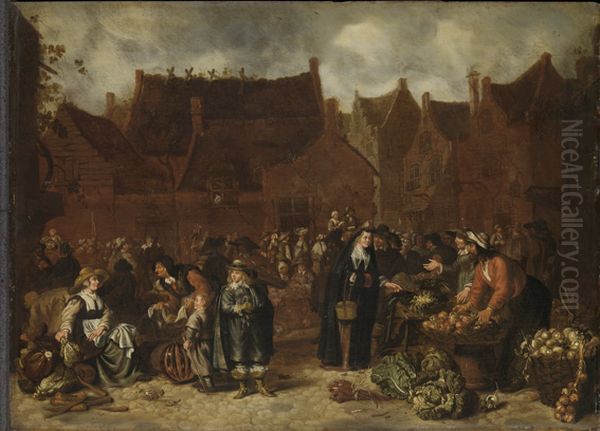 Groentemarkt Oil Painting by Sybrand Van Beest