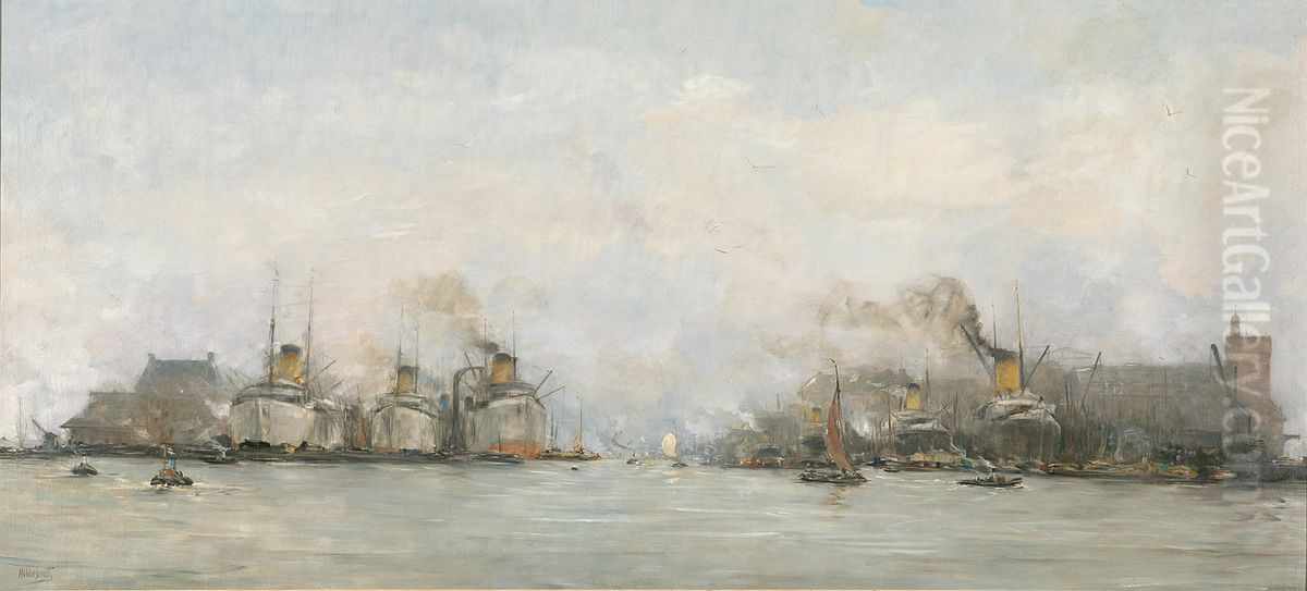 Gezicht op de IJhaven naar het oosten, met aan de kop van het IJ-eiland schepen van de Stoomvaart Maatschappij Nederland en aan de noordzijde van de Oostelijke Handelskade schepen van de Hollandsche Stoomboot Maatschappij Oil Painting by Hobbe Smith