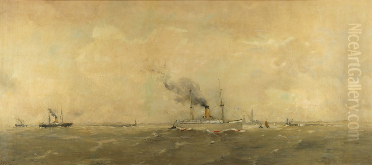 Gezicht op de pieren bij IJmuiden naar het oosten-Schip voor de pieren te IJmuiden Oil Painting by Hobbe Smith