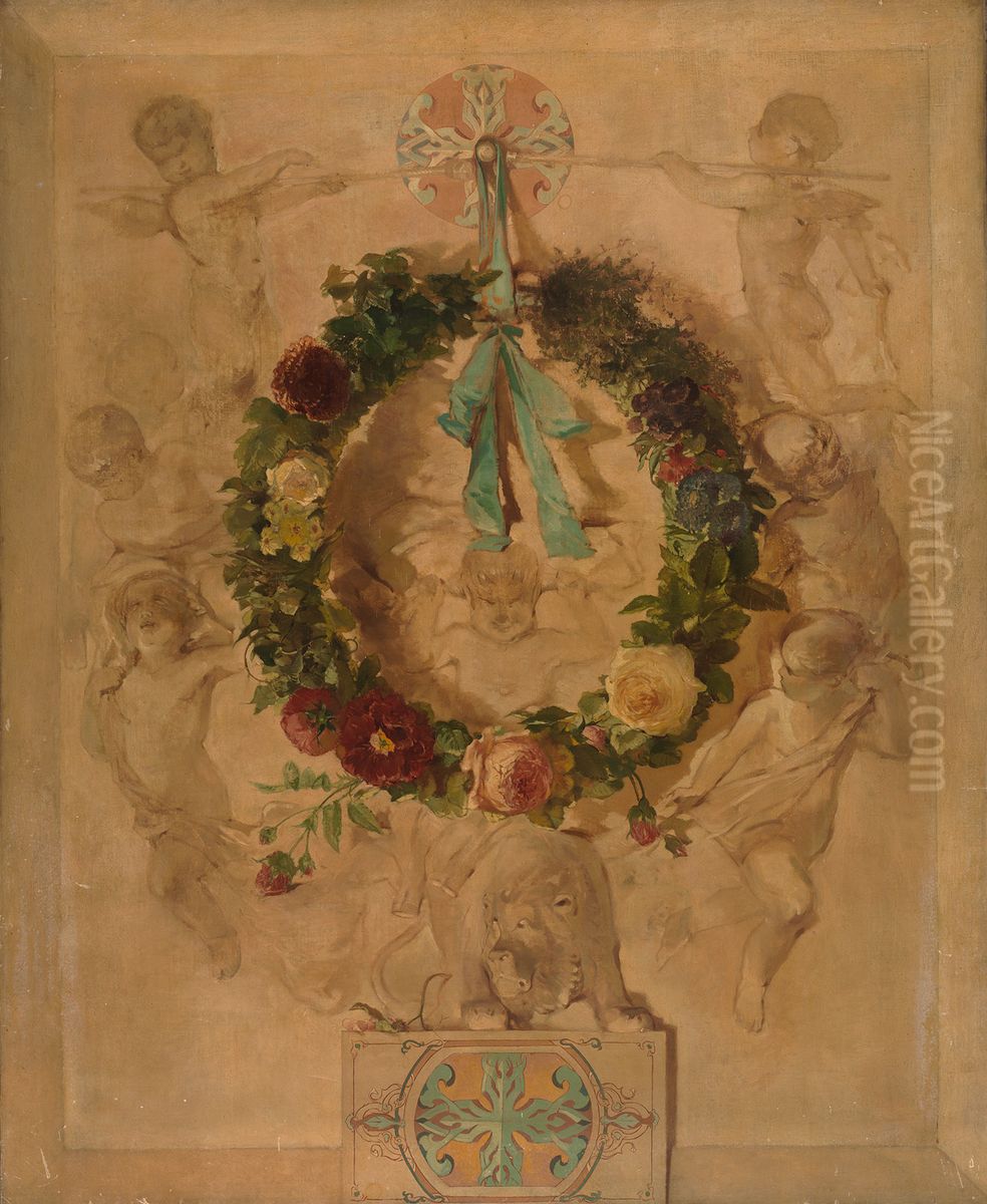 Engelengroep met bloemkrans (dessus de porte) Oil Painting by Charles Rochussen