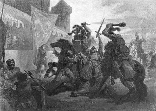 Anno 1235. Graaf Floris IV van Holland wordt op een tournooi te Corbie vermoord Oil Painting by Jacobus van Dijck