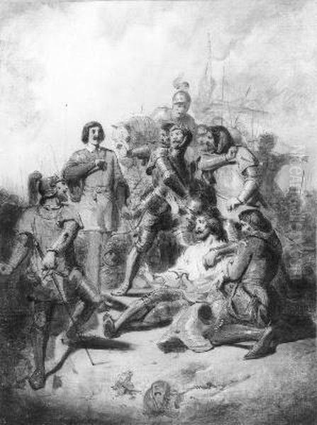 Anno 1371. Hertog Eduard van Gelre wordt te Baesweiler verraderlijk doodgeschoten Oil Painting by Johannes Hinderikus Egenberger