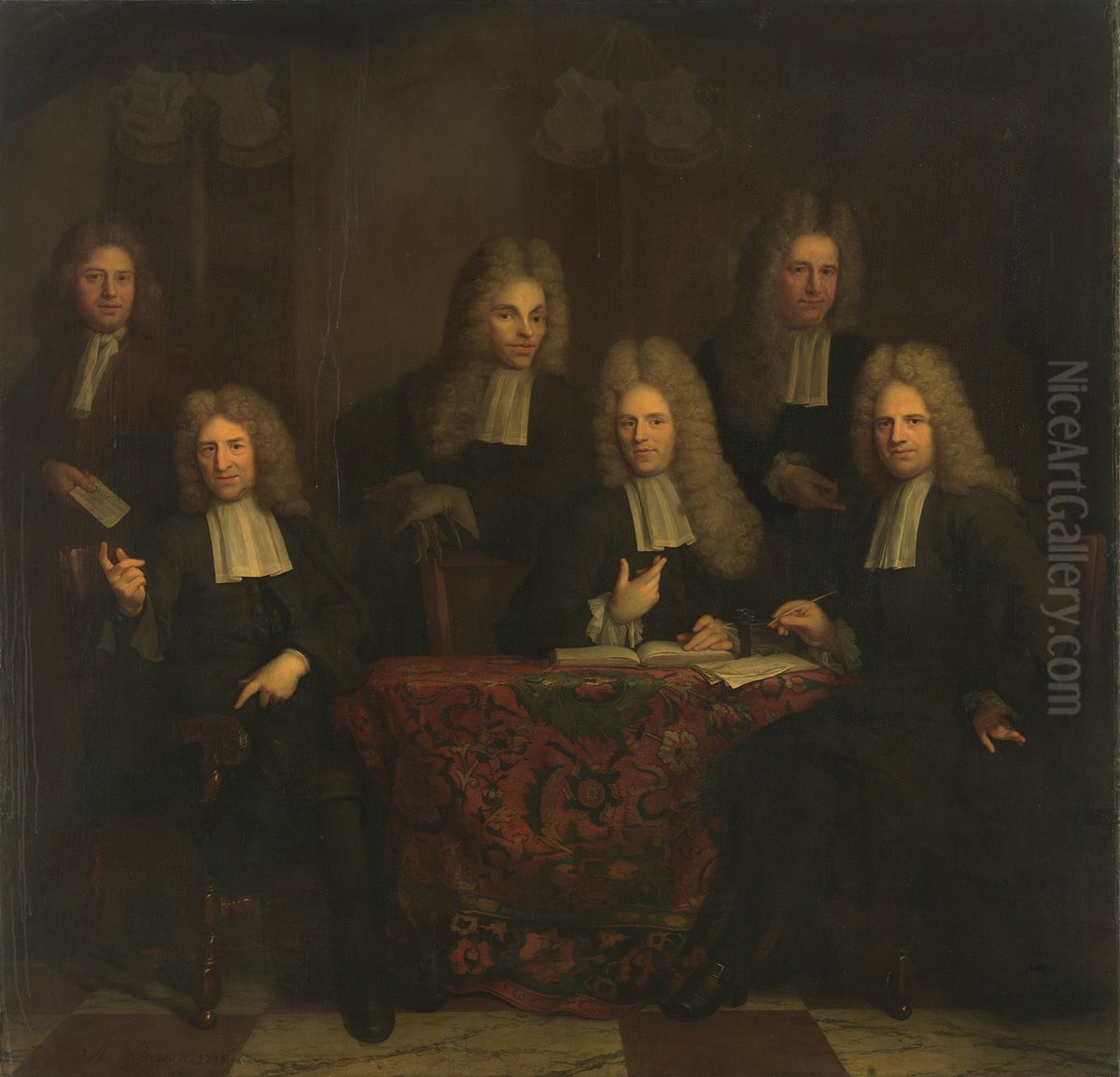 De regenten van het Leprozenhuis-Vier regenten, de boekhouder en de binnenvader van het Leprozenhuis Oil Painting by Arnold Boonen