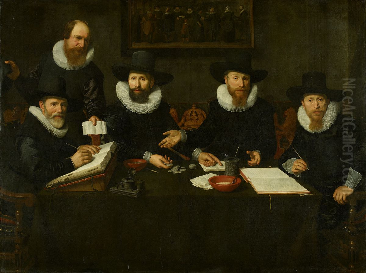 De regenten van het Spinhuis-Vier regenten en de binnenvader van het Spinhuis-The Governors of the Spinhuis-Four Governors and a House Father of the Spinhuis prison Oil Painting by Nicolaes Eliaszoon Pickenoy