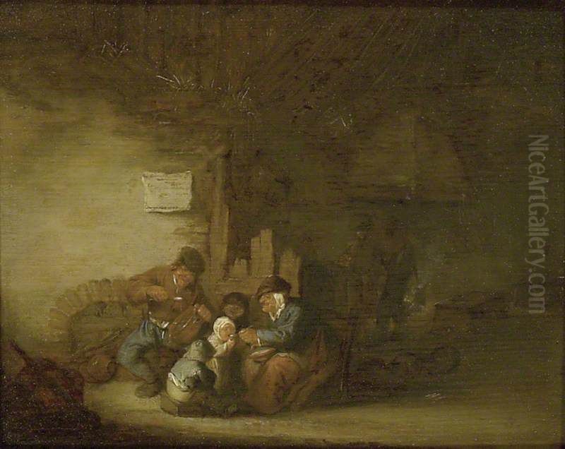 A Peasant Family eating in an Interior Oil Painting by Adriaen van Ostade