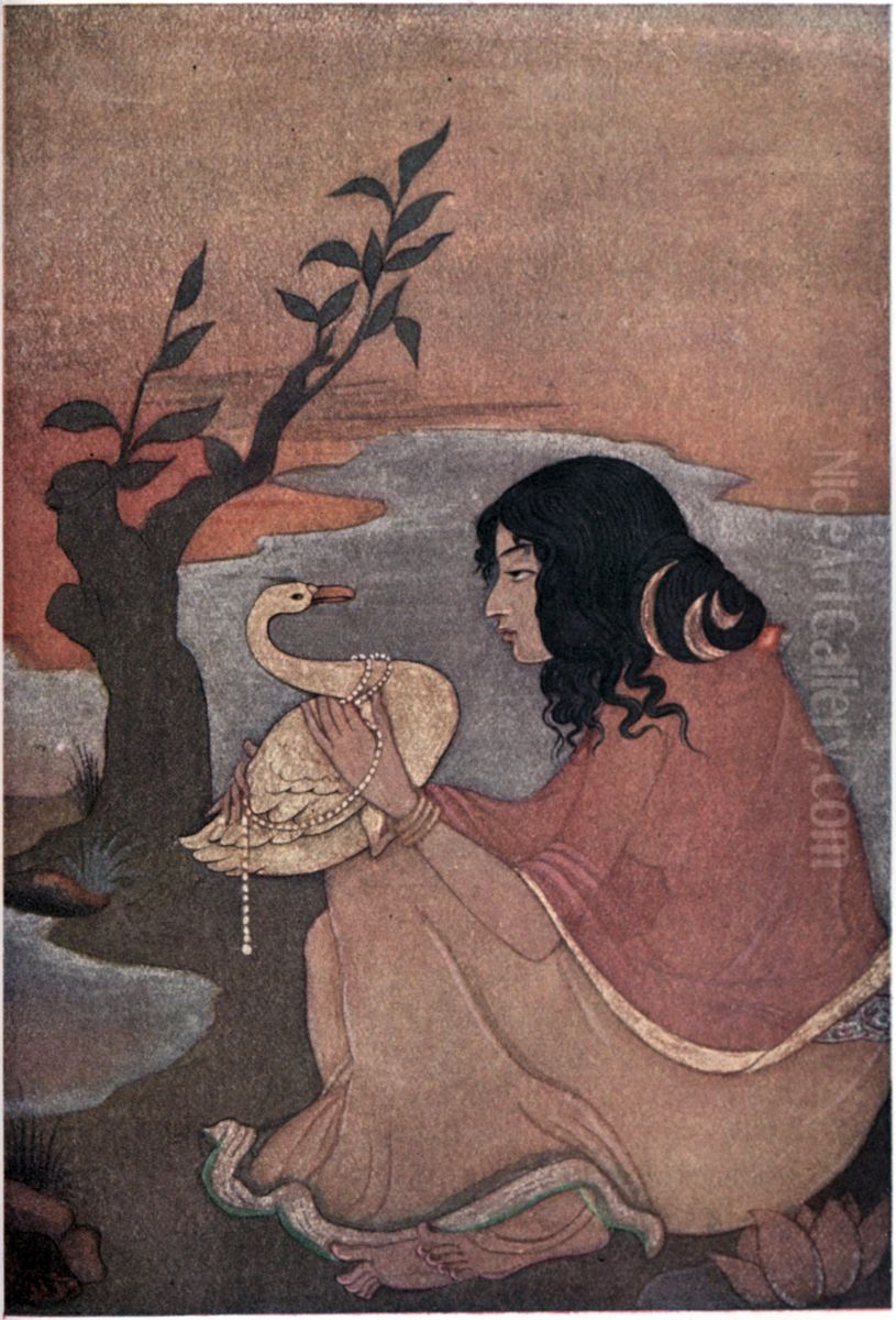 Damayanthi Oil Painting by Kshitindranath Mazumdar