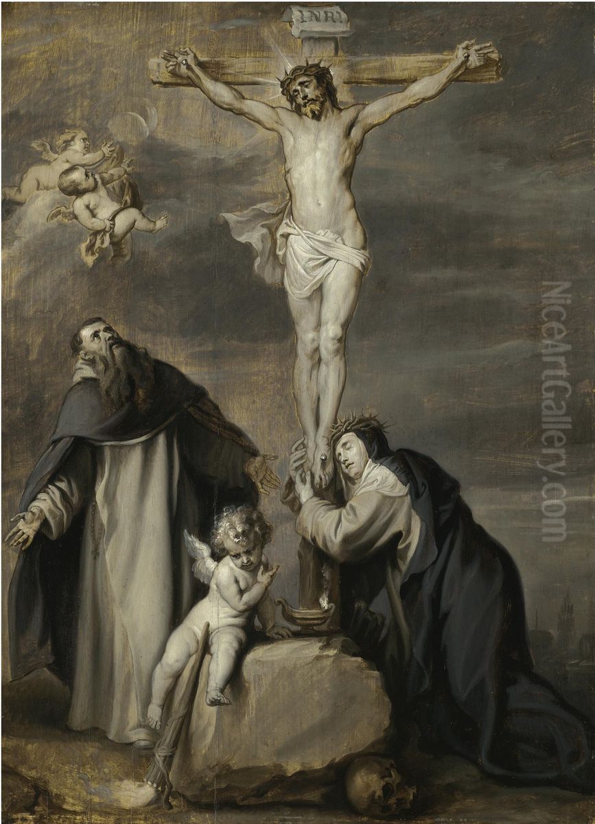 The Crucified Christ Adored by Saints Dominic and Catherine of Siena Oil Painting by Sir Anthony Van Dyck