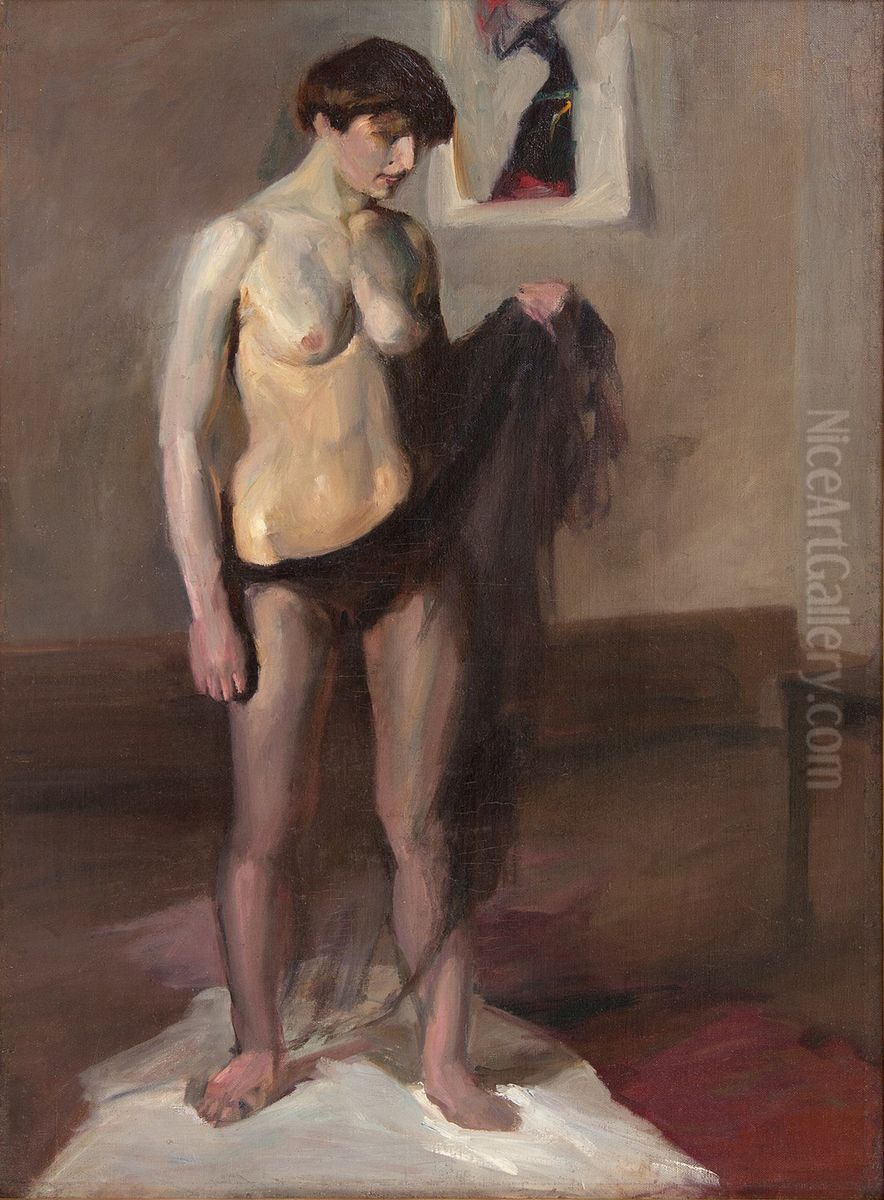 Standing female nude with drapery Oil Painting by Georges Kars